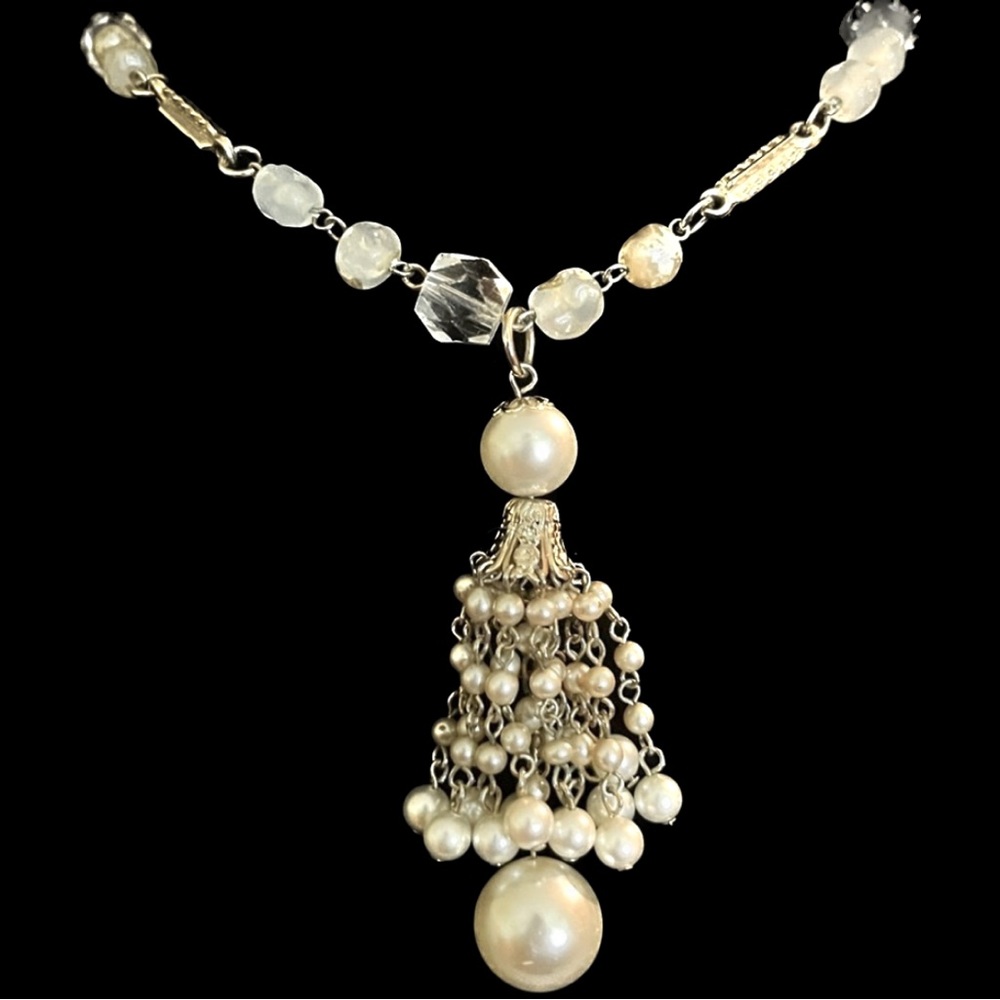Extra Long Diamond and Pearl Silver Tassel Necklace